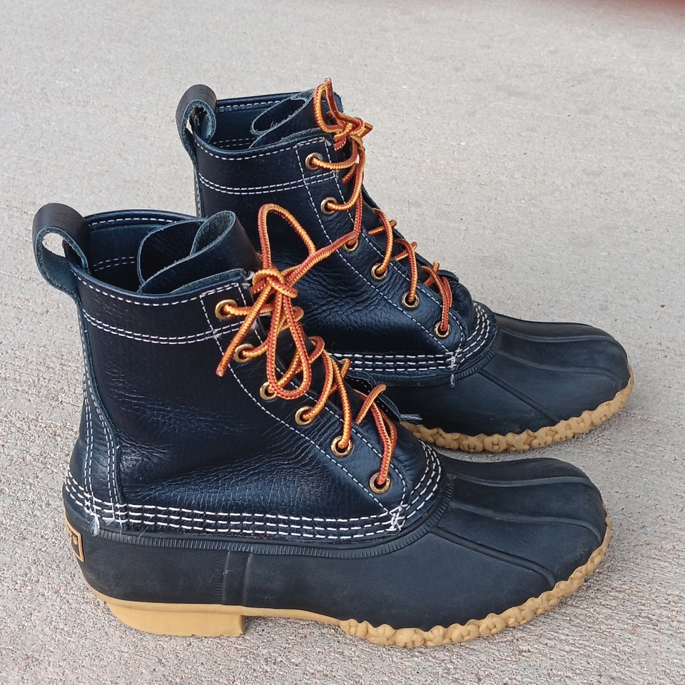 L.L. Bean Black Leather Duck Boots With Tan Soles And Orange Laces
